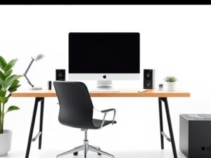 Office Workspace Table with Wooden Top and Black Steel Legs