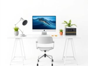 Office Workspace Table with White Wooden Top and Aluminum Frame