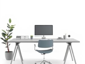 Office Workspace Table with Grey Wooden Top and Aluminum Frame